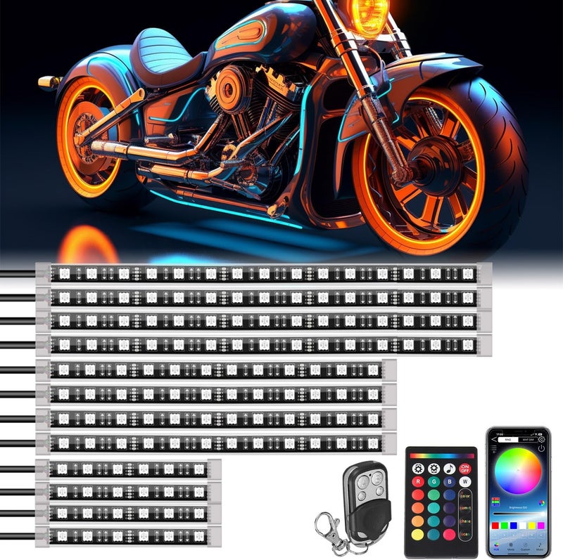 SUNPIE Motorcycle Underglow LED Light Kit for Davidson 12 PCS RGB Under Glow Strip w/Brake Turn Signals for Harley Honda Kawasaki Suzuki Indian, Waterproof Multi Color Strips Light with APP/RF Remote - Image 1